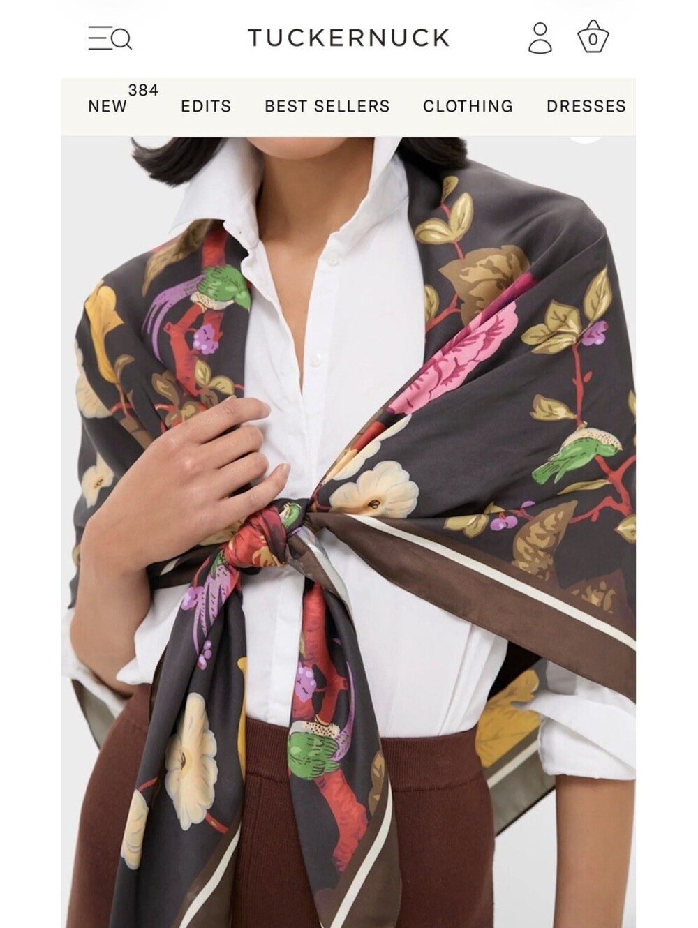 Tuckernuck Floral Satin Square Scarf Polyester Logo Beige Purple Brown